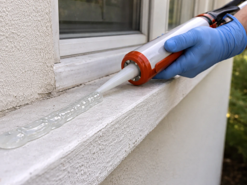 Gloved hand applying a continuous bead of bird repellent gel along an exterior window ledge.