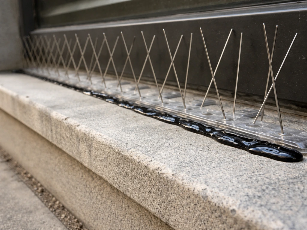 Close-up of window ledge showing bird gel residue alongside newly installed bird spikes.