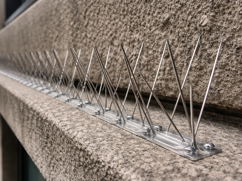 Close-up of stainless anti-perch spikes on a building ledge blocking birds from roosting.