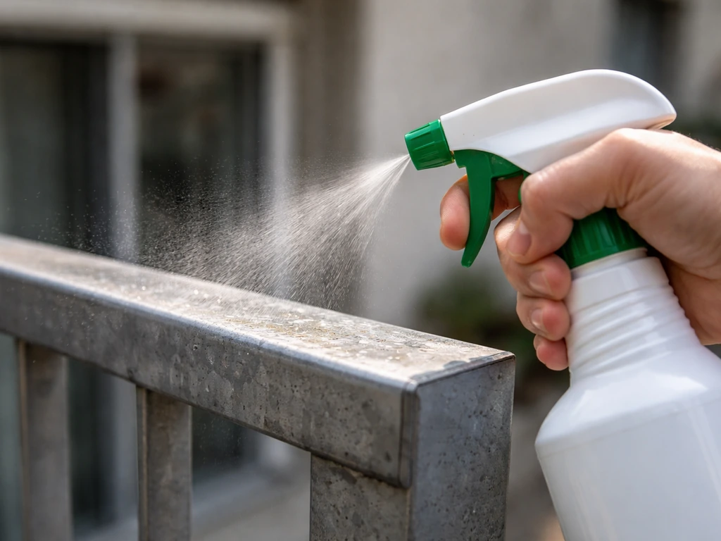 Close-up of spray being applied to a metal ledge, showing a chemical bird repellent bottle in hand.