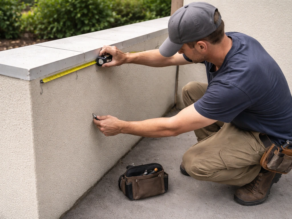 Crouching person measures and marks a wall perimeter for installing bird deterrents, with tape and hardware.