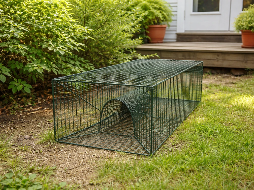 Humane walk-in funnel bird trap placed safely near a patio entrance in a garden setting
