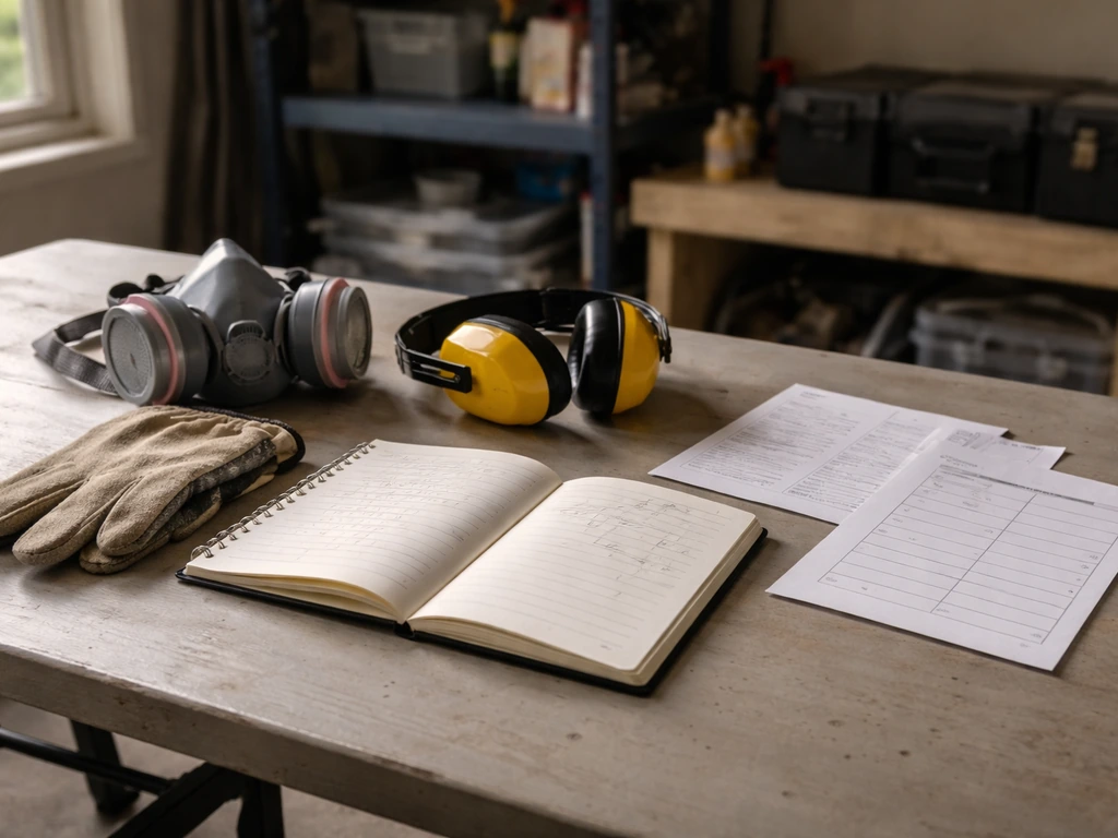 Gloves, protective gear, and blank regulation pages on a simple table—showing a compliance check before trapping.