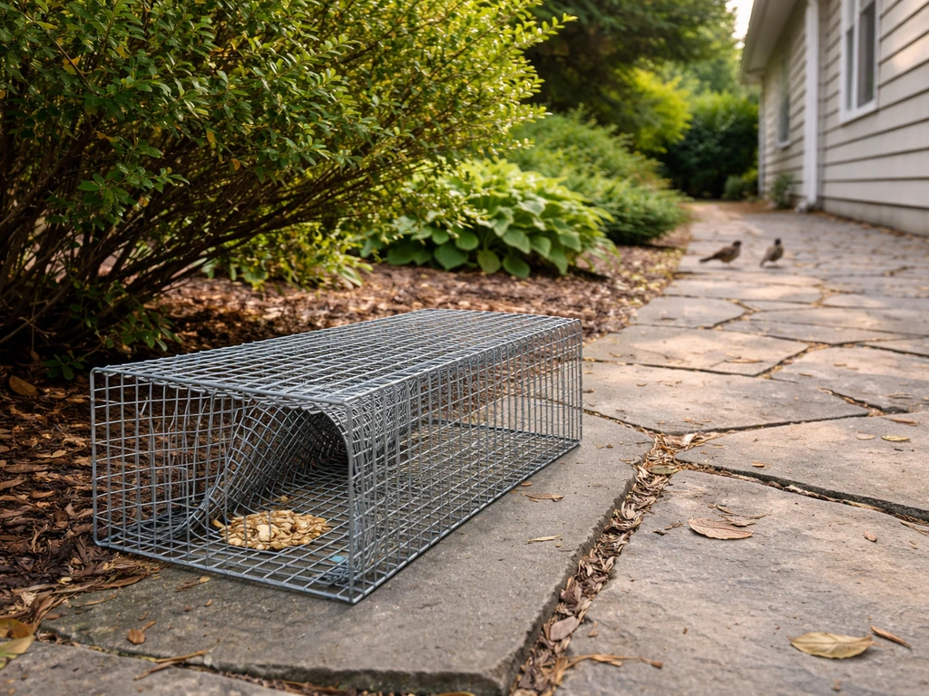 Walk-in funnel trap set along a patio path with visible bait at the entrance, small garden birds nearby.