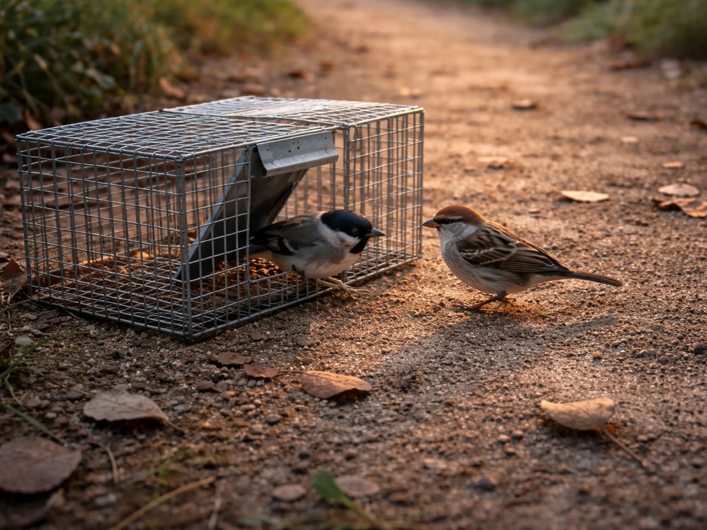 Small birds approach and investigate a bird trap at dawn near a quiet yard path