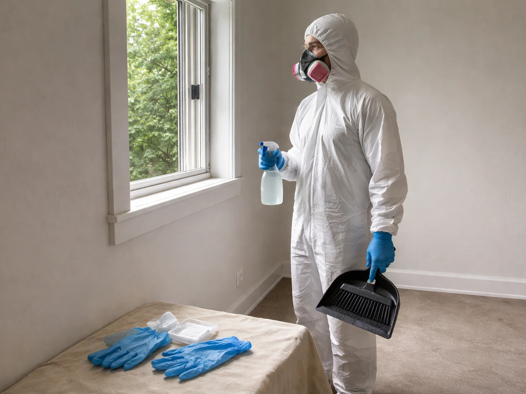 Gloved cleaner wearing a fitted mask beside cleaning tools near a window, preparing to safely remove bird droppings.