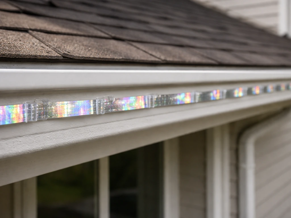 Bird repellent tape installed under roof eaves along a ledge, showing deterrence placement on a home exterior.