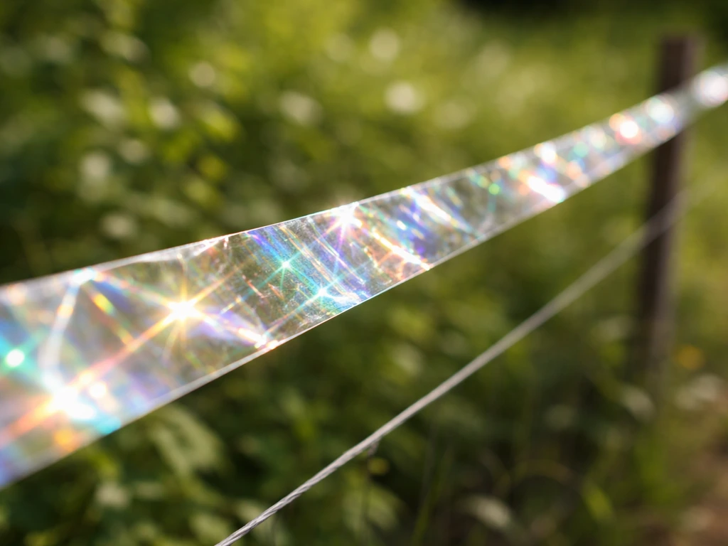 Close-up of reflective bird repellent tape catching bright light, showing shimmering deterrent glints.