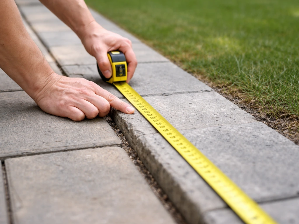Close-up of hands holding a measuring tape along an outdoor property edge to measure perimeter length.