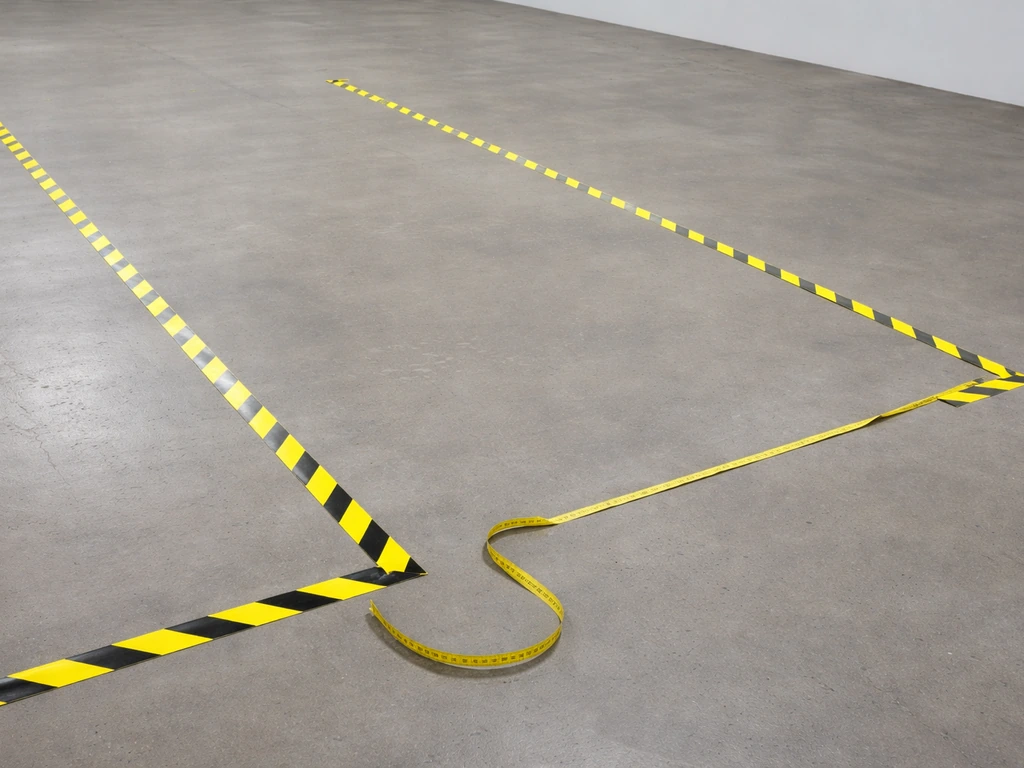 Reflective tape laid in parallel runs about 10 feet apart around a corner on concrete.