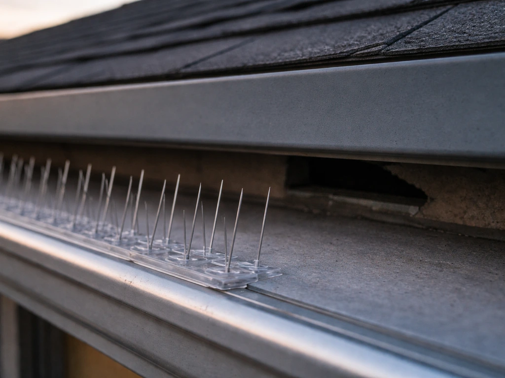 Bird spikes fixed along a roof ledge beside a small hidden-looking gap for bat entry.