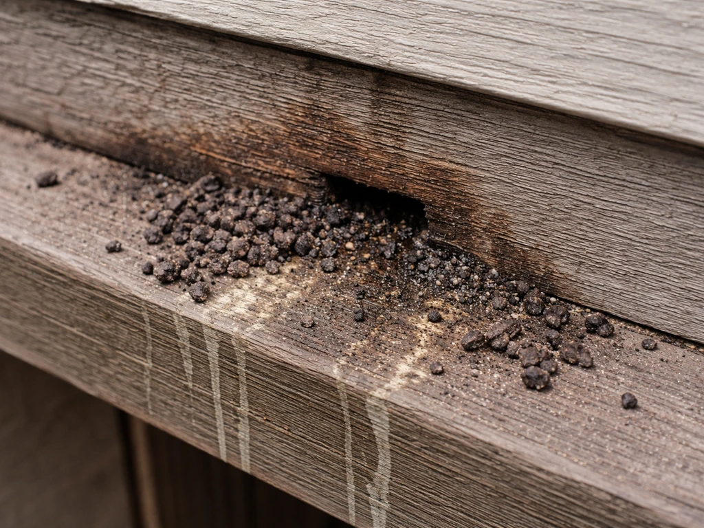 Close-up of dark, crumbly bat guano and urine staining on exterior wood beam near an entry gap.