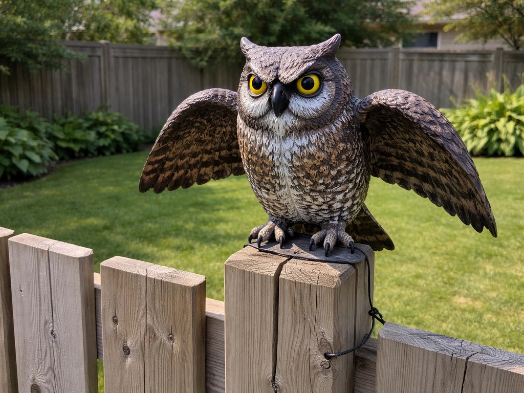 Realistic owl-shaped bird deterrent decoy placed on a garden fence to scare birds.