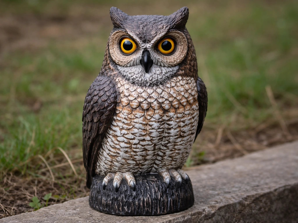 Close-up of a static plastic owl decoy with painted glass-like eyes on an outdoor ledge.