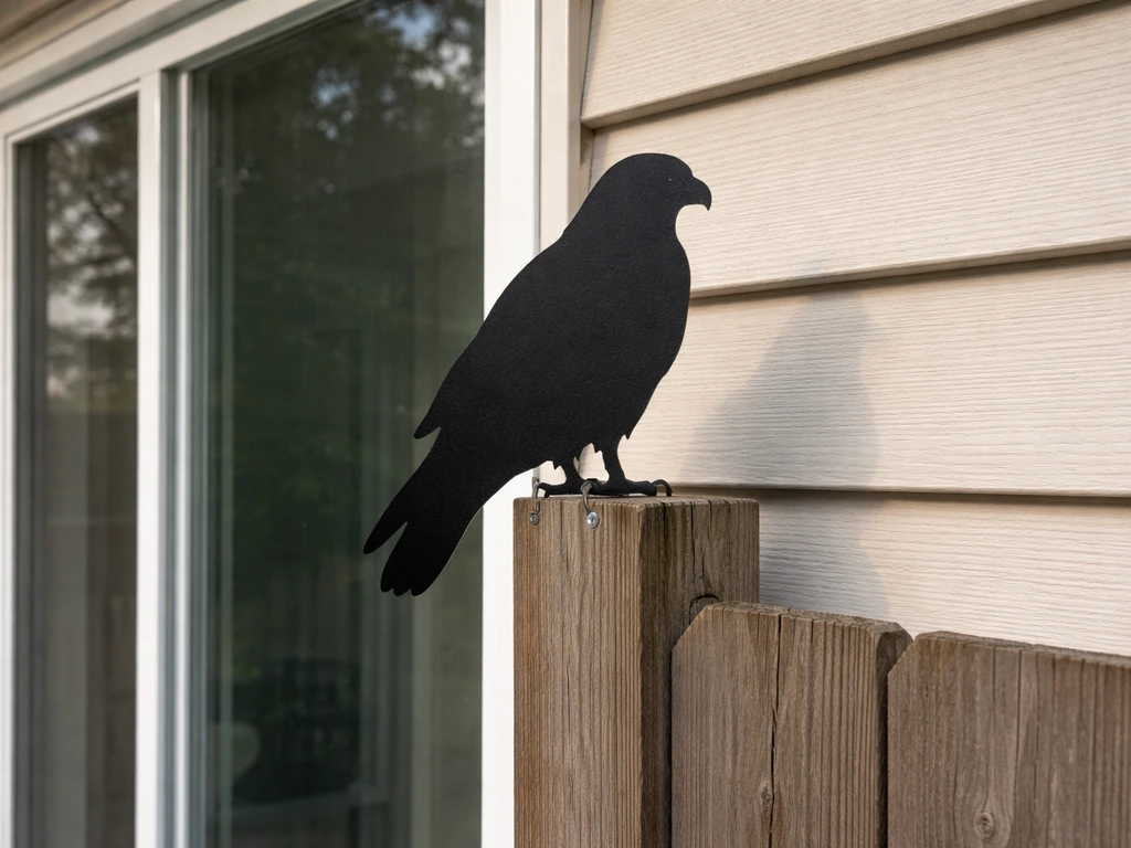 Flat owl/hawk silhouette decoy mounted near a window to deter birds, seen from outside in daylight.