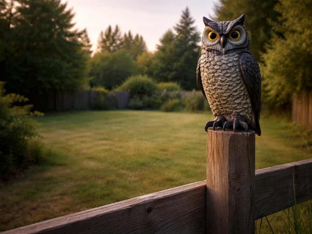 Owl decoy mounted high on a fence post with clear sightline over the protected lawn area.