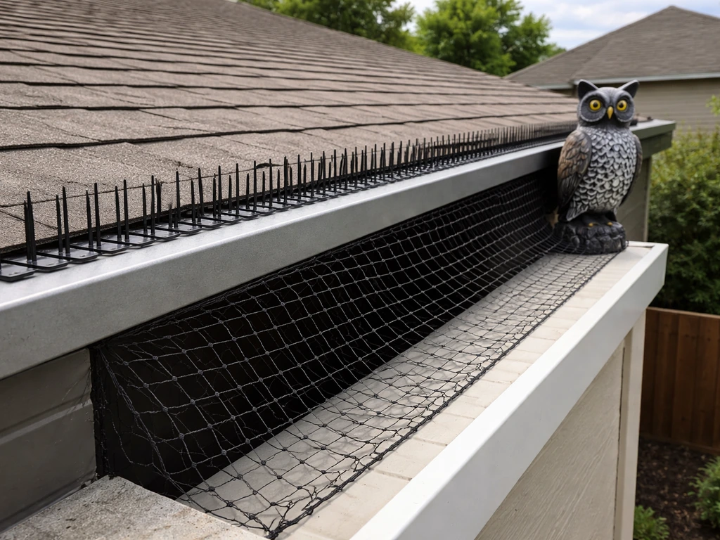 Bird spikes and netting installed on a roof ledge next to a realistic owl decoy.