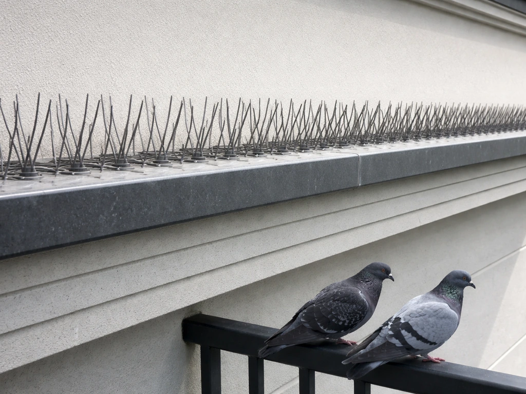Bird spikes installed along a building ledge, preventing pigeons from landing.
