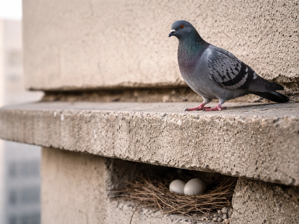 Rock pigeon-like bird perched on a sheltered rooftop overhang with a nest in a crevice.