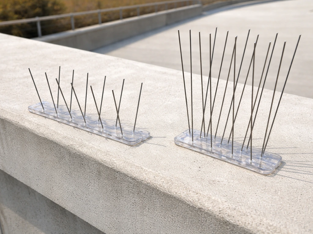 Two spike strips side by side showing short small-bird spikes and taller pigeon spikes on a rooftop ledge.