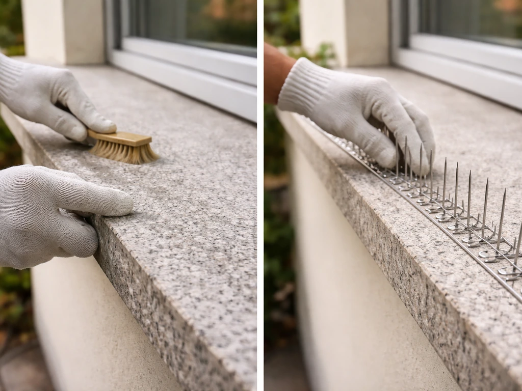 Hands cleaning a ledge and aligning bird spikes on a window ledge outdoors