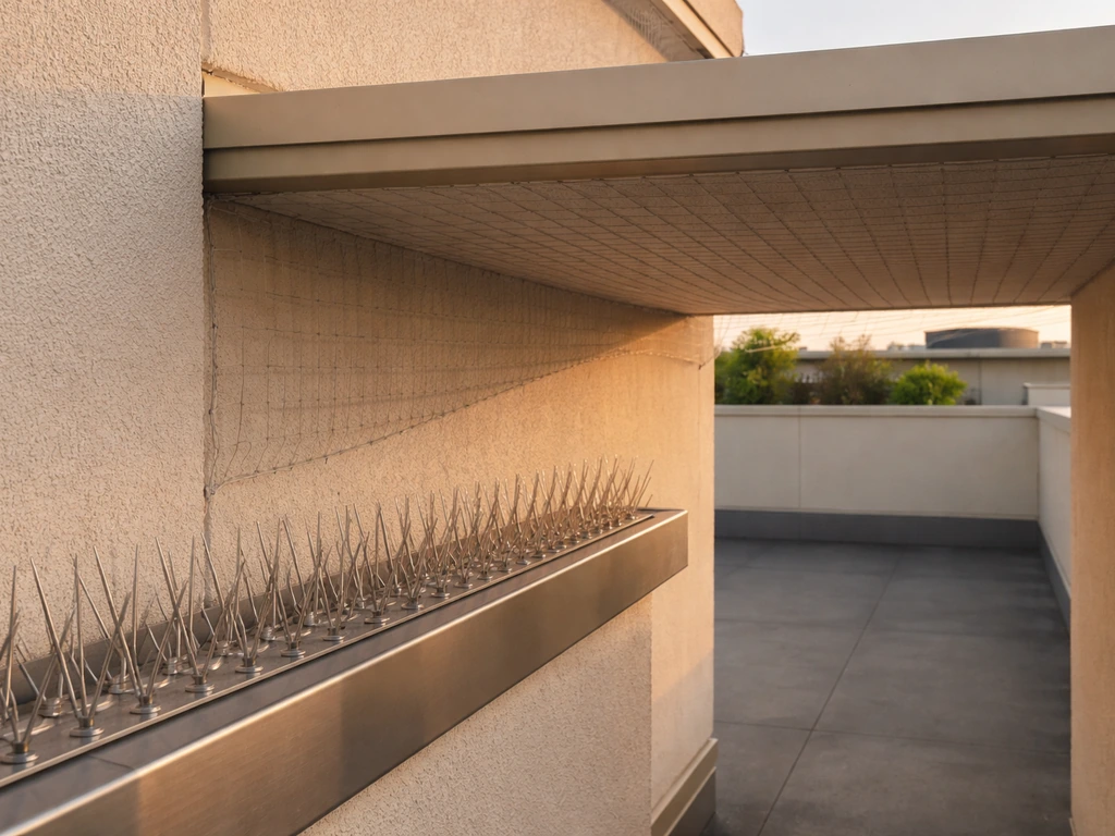 Bird spikes on a ledge with bird netting under an overhang in an adjacent open area.