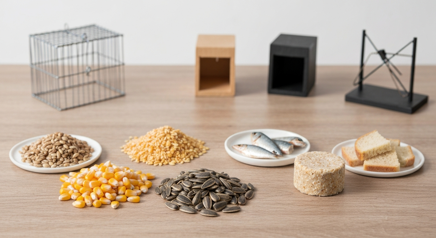 Assorted bird baits (cracked corn, milo, sunflower seeds, nyjer seed, suet, fish pieces, bread) arranged on a wooden surface with small model trap types blurred in the background to illustrate bait options for traps.