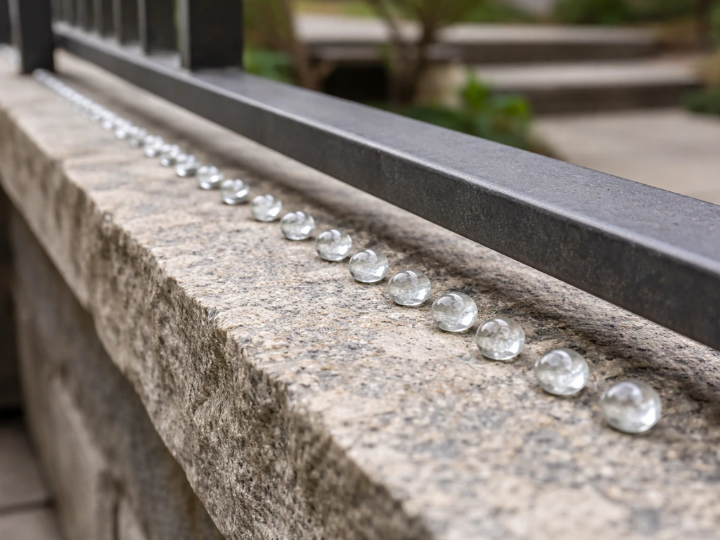 Close-up of a narrow outdoor ledge with small evenly spaced beads of bird gel on the railing edge.