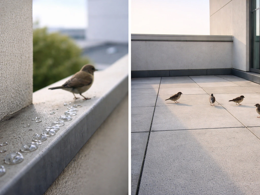 Split view: bird gel on narrow ledge deters landing; wide flat roof shows birds can still step around.