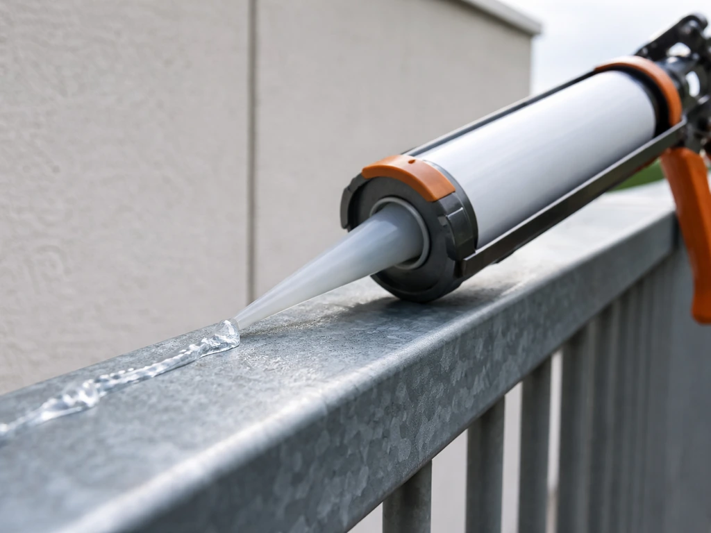 Caulking gun dispensing bird deterrent gel along an outdoor metal rail edge