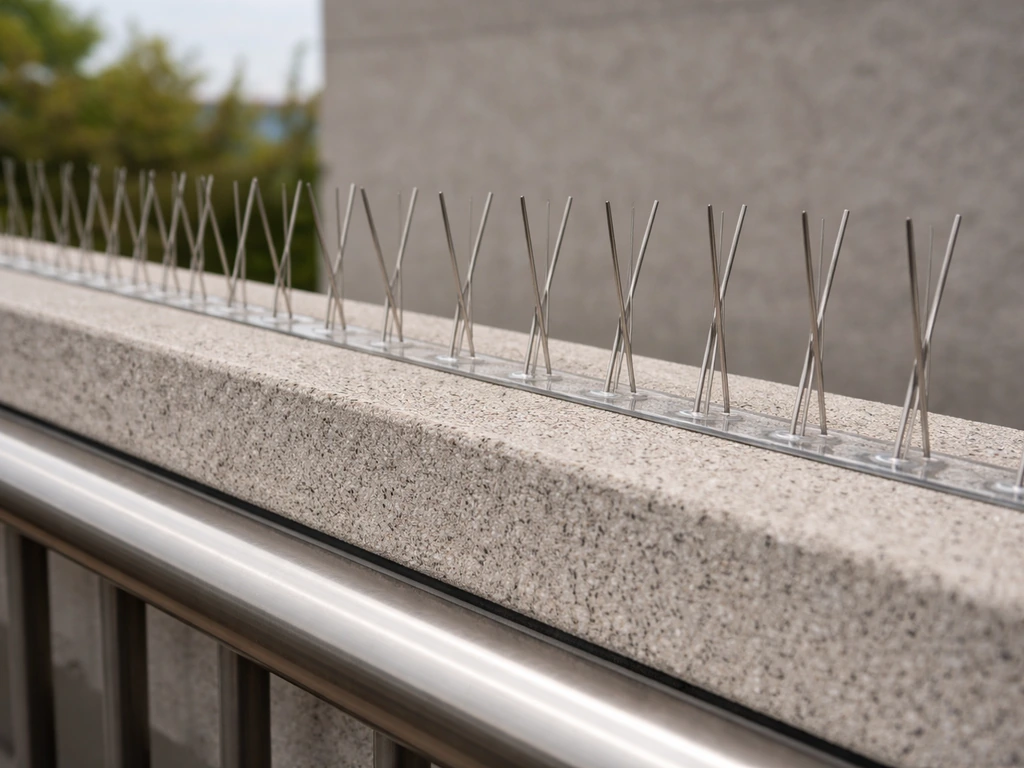 Close view of bird spikes mounted along a metal railing, with a simple outdoor ledge behind