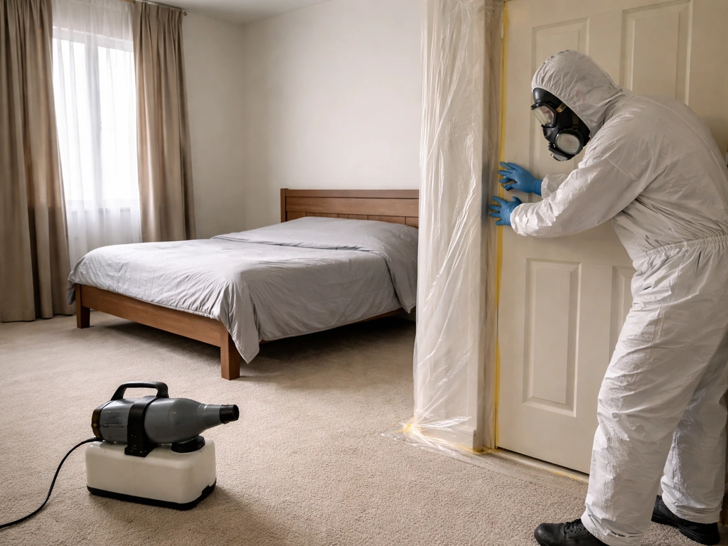 Homeowner in PPE seals a room and sets up a pest fogger to treat bird mites safely.