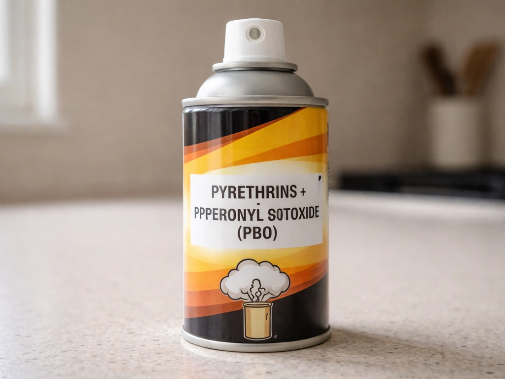 Close-up of an insect fogger can on a countertop with visible pyrethrins and PBO callouts.