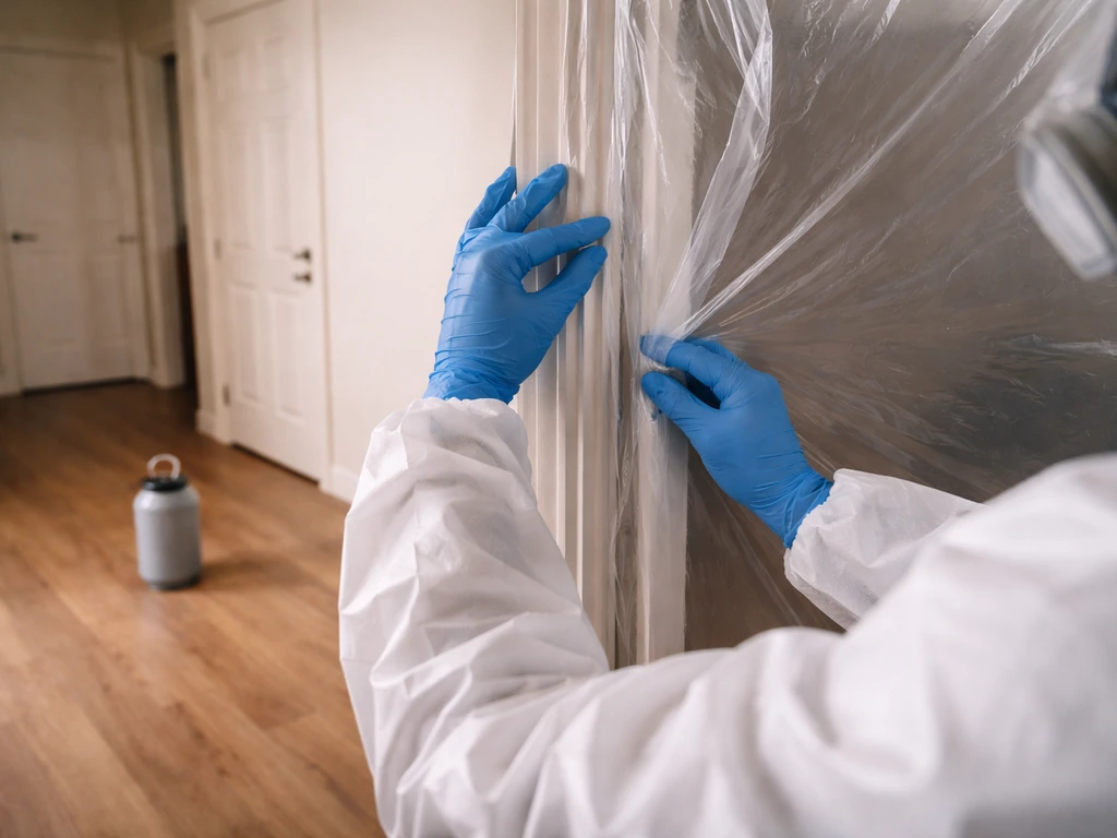 Gloved hands sealing an indoor doorway with plastic as a fogger can sits ready on the floor.