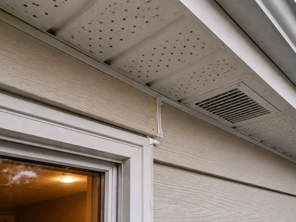 Close-up of exterior sealant sealing gaps around window trim and soffit vents under an eave