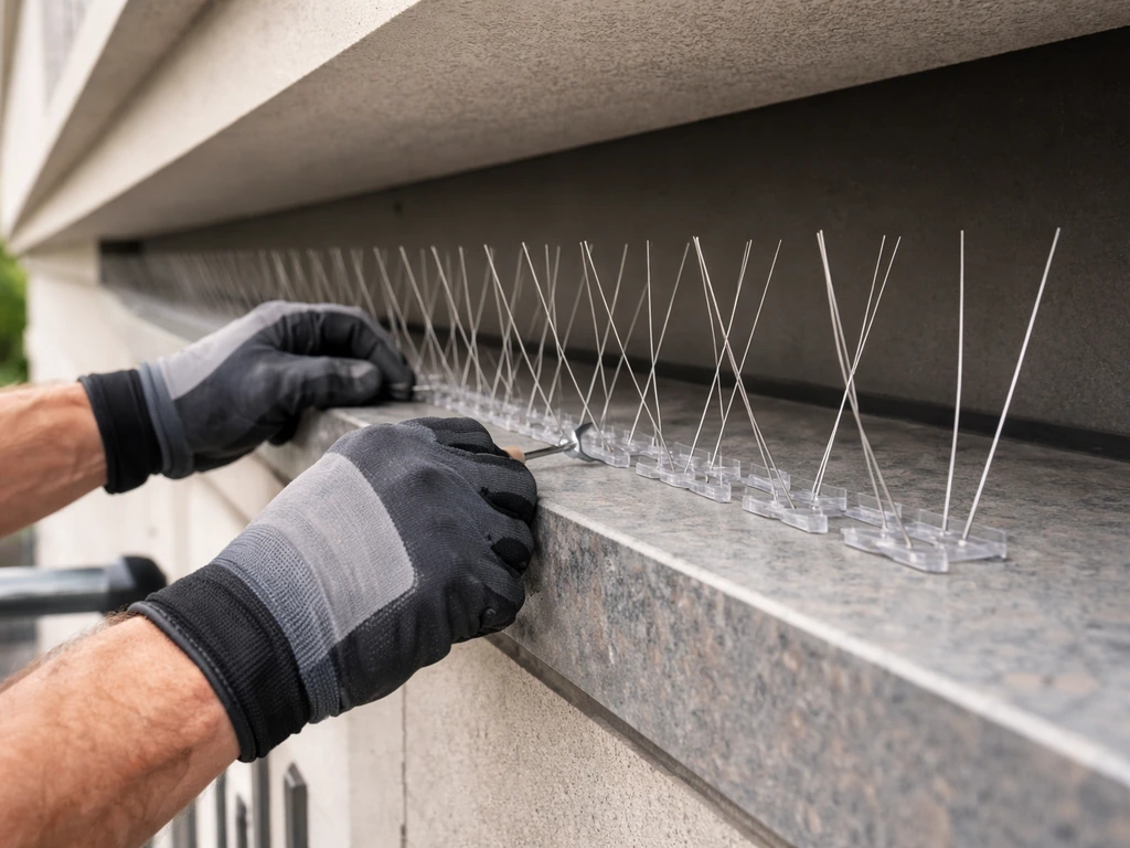 Gloved hands installing bird spikes along a building ledge to prevent birds from returning