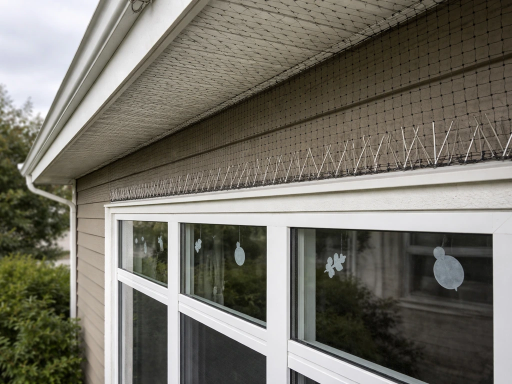 House exterior showing bird netting, spikes on a ledge, and window decals deterring birds.