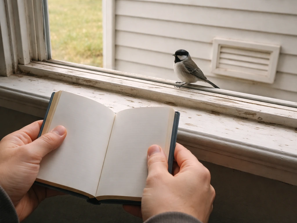 Person holding a field guide while observing a small bird perched near a damaged window ledge