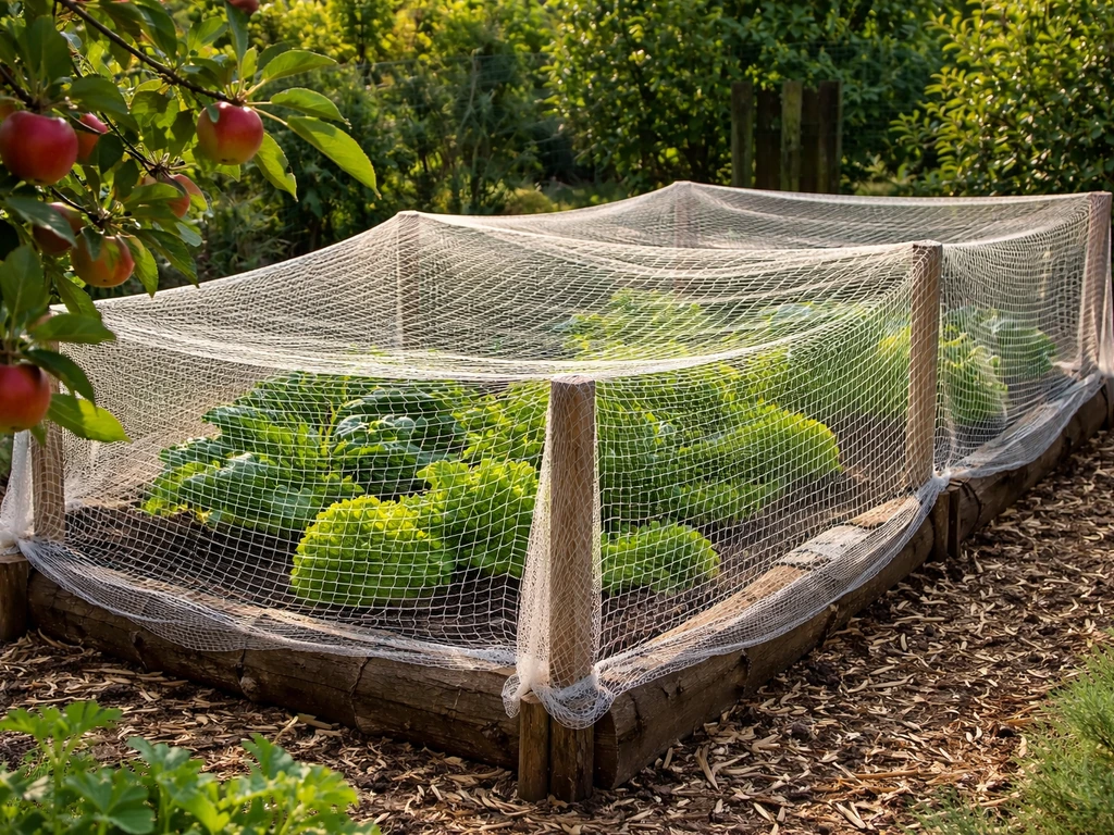 A garden bed under tightly secured draped bird netting, edges fastened to block birds from underneath.