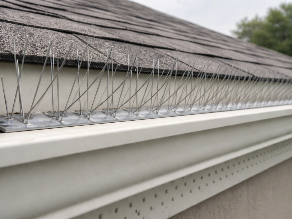 Close-up of metal bird spikes installed along a gutter/soffit edge to stop birds landing.