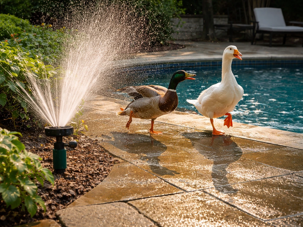 Motion-activated sprinkler sprays water near a pool as ducks and a goose step back.