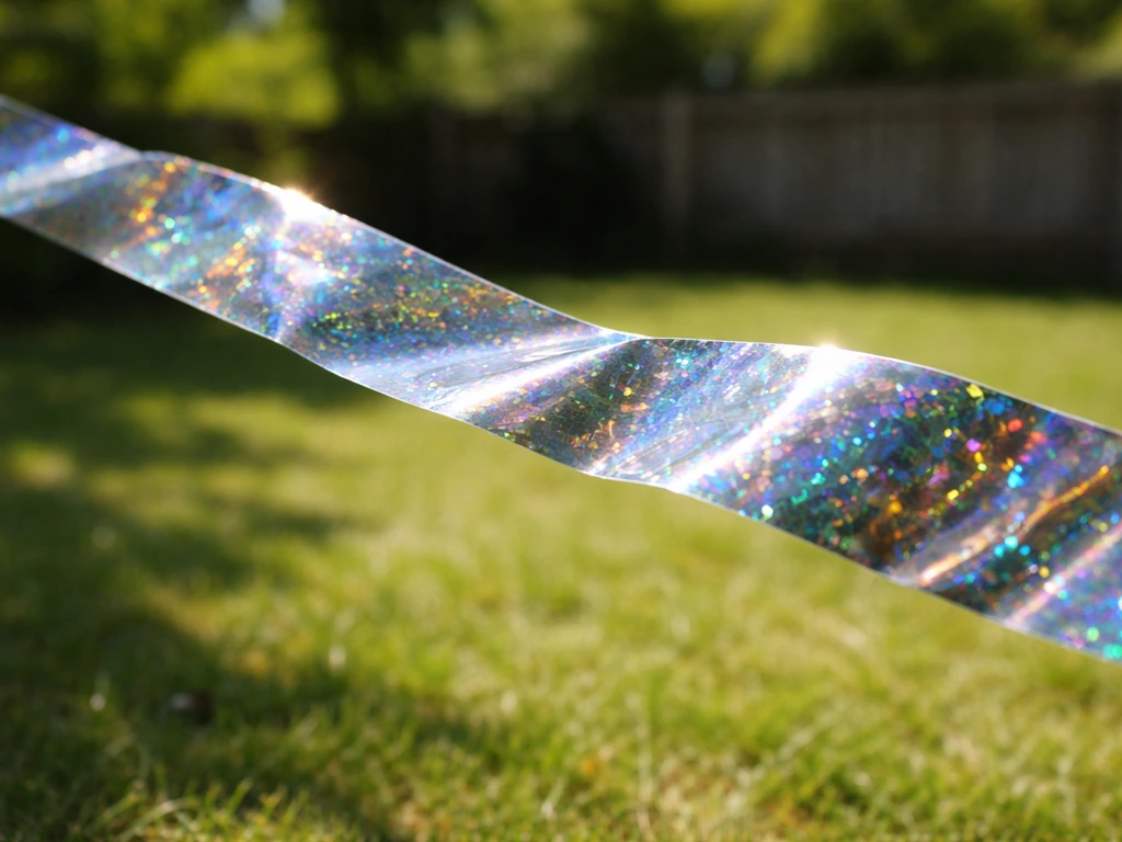 Reflective bird scare tape fluttering in sunlight outdoors, prismatic highlights flashing against a blurred yard.