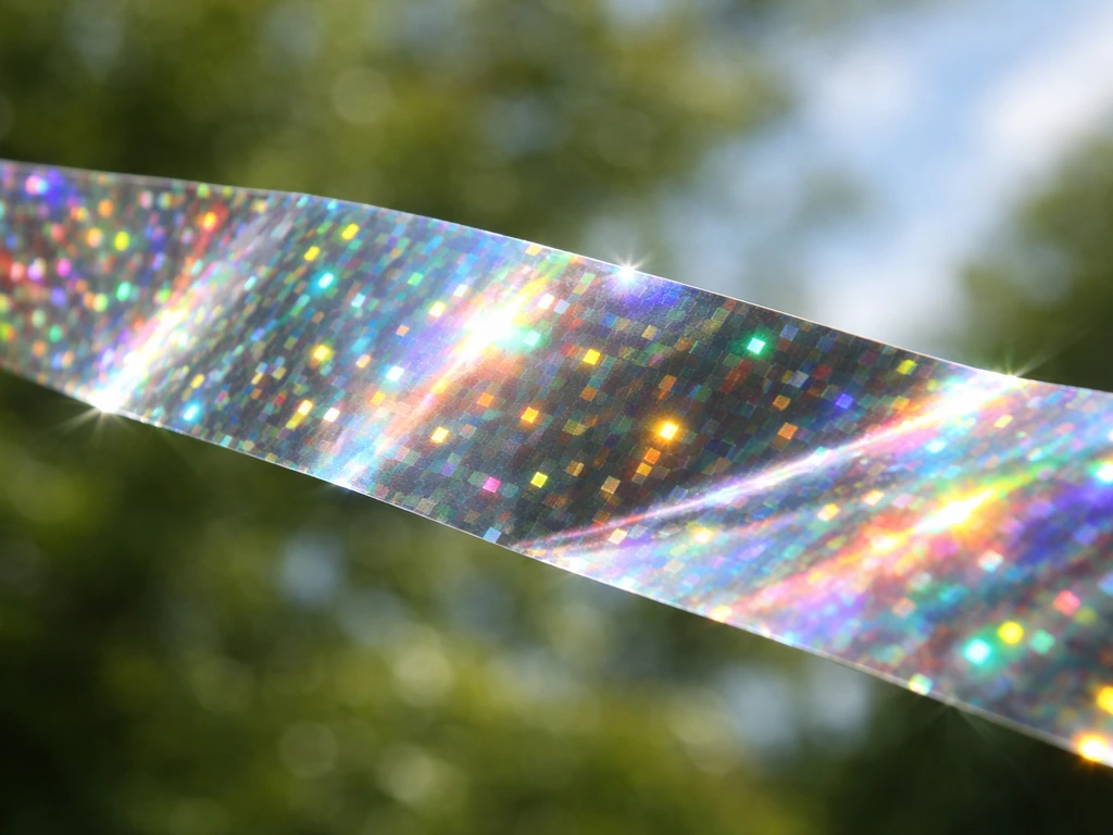 Close-up of reflective holographic scare tape flashing in shifting sunlight against a simple outdoor background