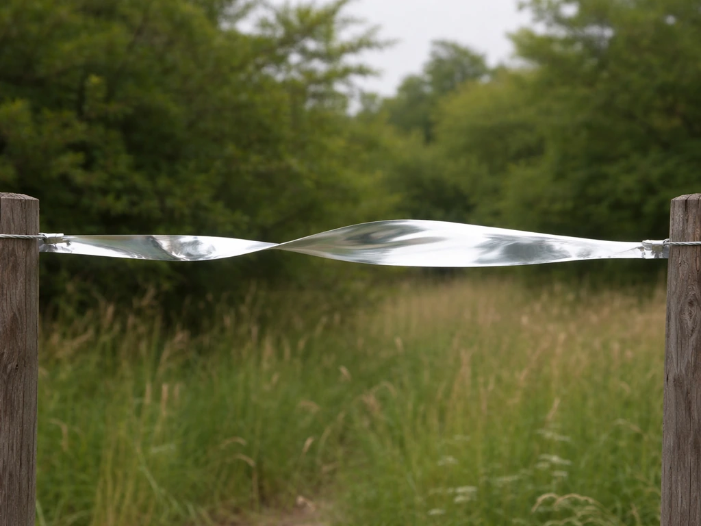 Shiny tape stretched between anchors fluttering and twisting in wind, suggesting visual deterrence motion.