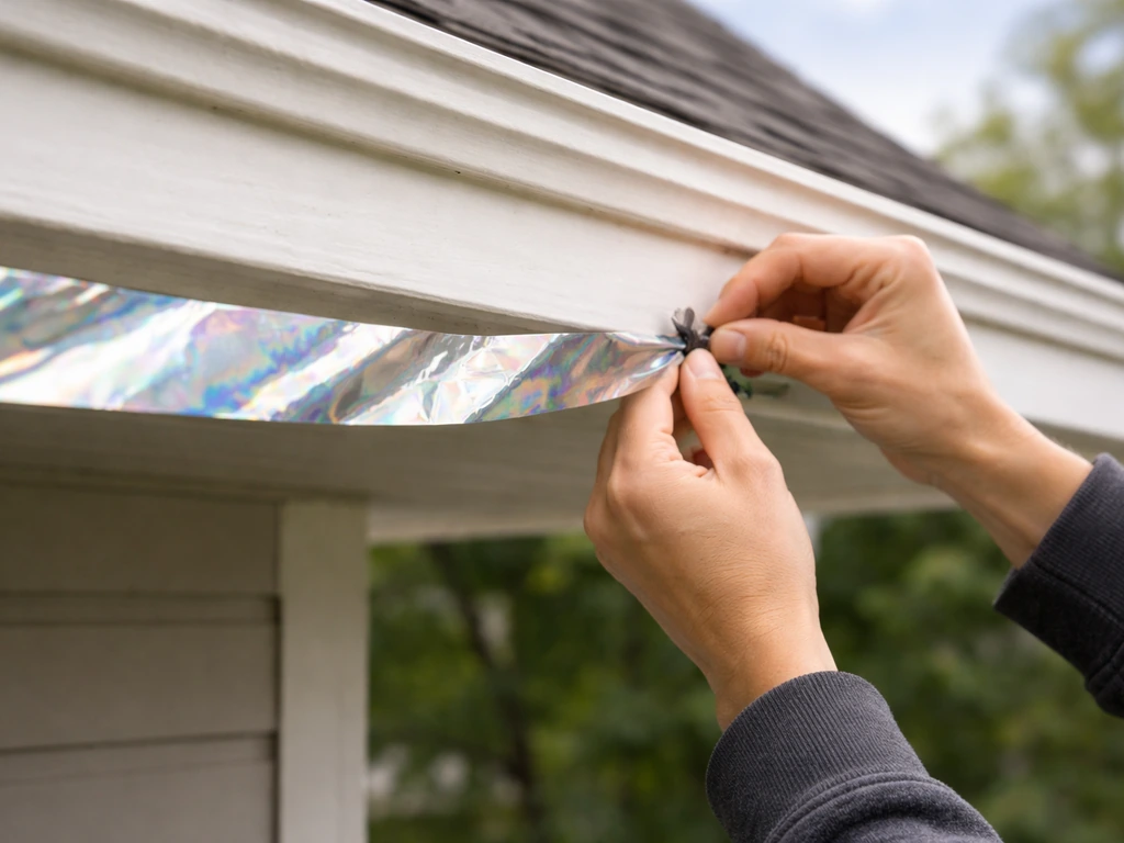 Person stretching bird scare tape along an eave/rail so it stays taut and moves in the breeze