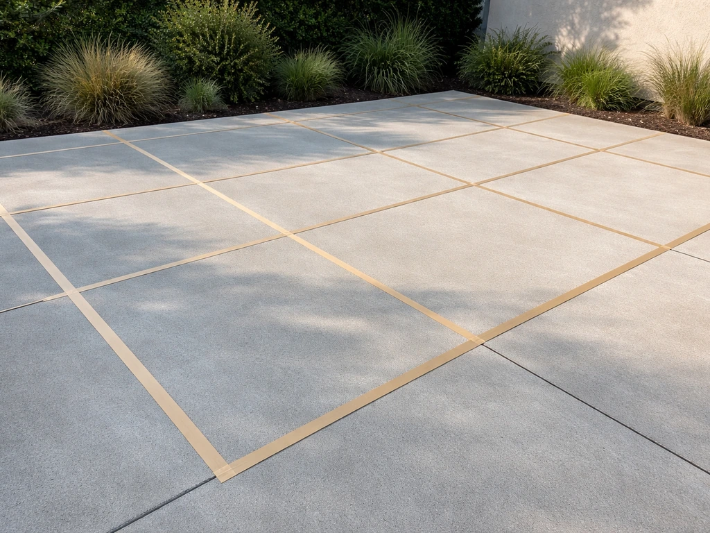 Minimal photo of taped grid strips on a patio floor showing spaced perimeter layout for garden coverage.