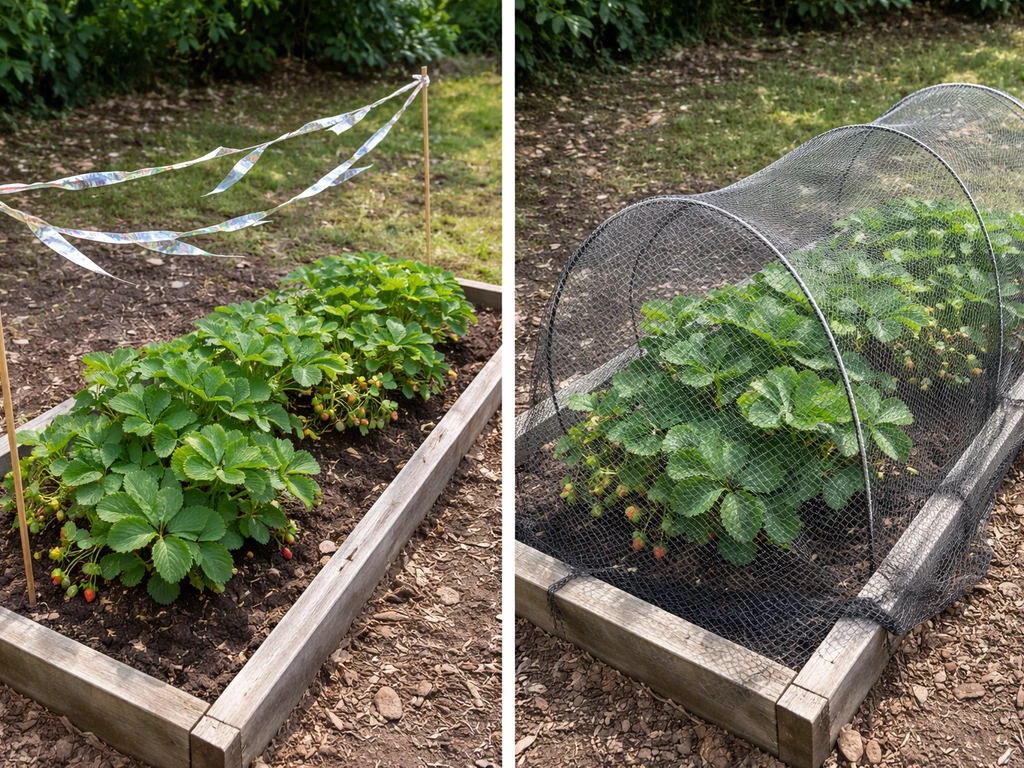 Garden bed with bird scare tape beside netting covering plants to stop persistent birds.