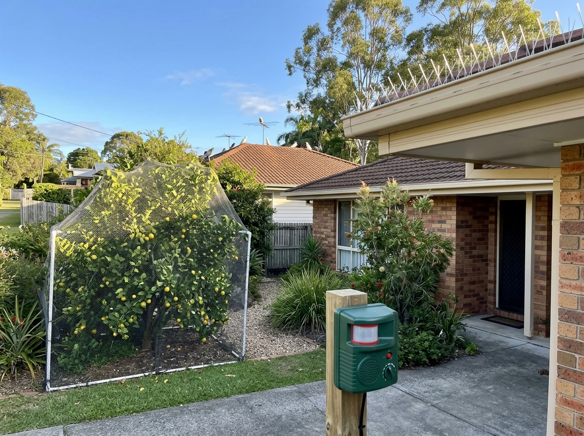 House exterior in Australia showing netting, spikes, and sensor/visual deterrents blocking bird access