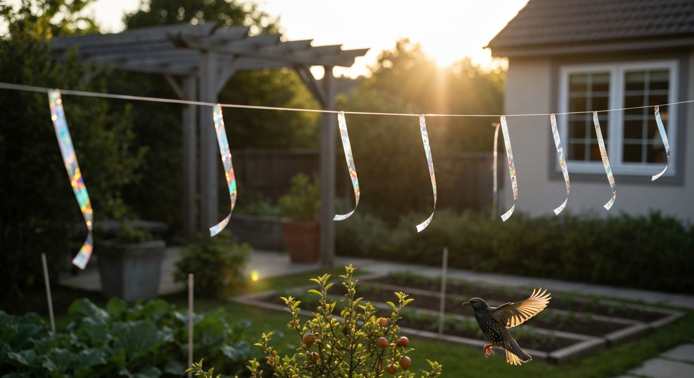 Garden scene with holographic Mylar tape fluttering above a vegetable bed, catching sunlight and a small bird flying away.