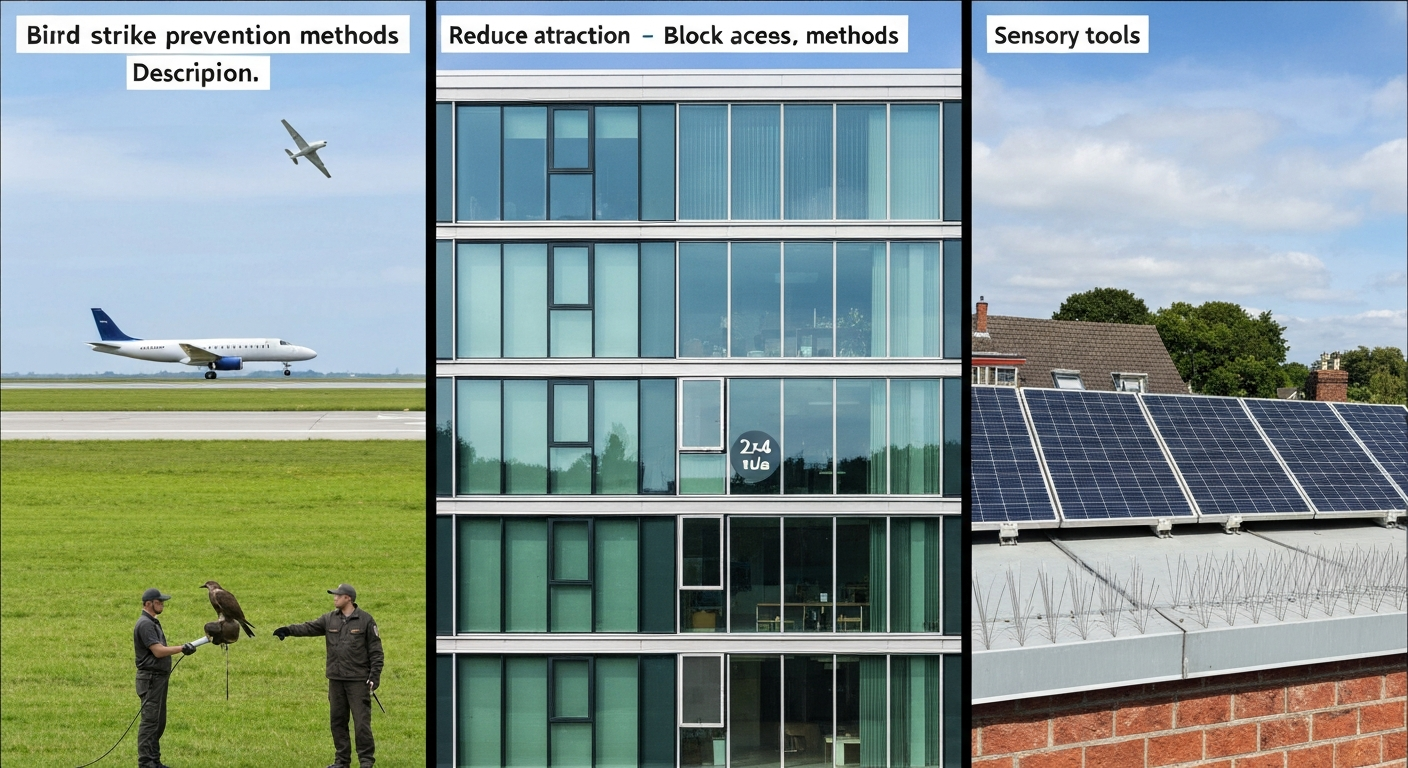 Composite illustration of airport wildlife management, bird-safe building glazing, and residential solar-panel netting showing bird strike prevention methods.
